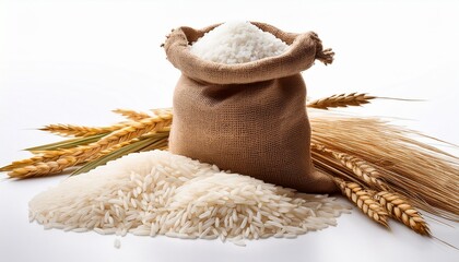 burlap sack overflowing with white rice next to a pile of raw rice and wheat stalks isolated on white background