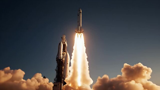 Powerful Rocket Launch - A rocket is captured launching into the sky, with flames and billowing smoke at the base. The rocket stands tall against a blue sky.