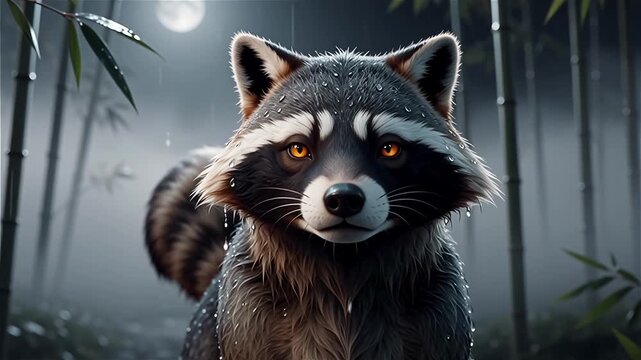 Tanuki raccoon spirit in misty bamboo forest under full moon light