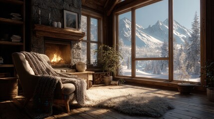 Sunlit cabin interior with wool throws on armchair, fireplace warmth, and snow-covered trees and mountains outside.