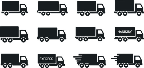 Twelve different truck icons in silhouette on a white background lorry vehicle