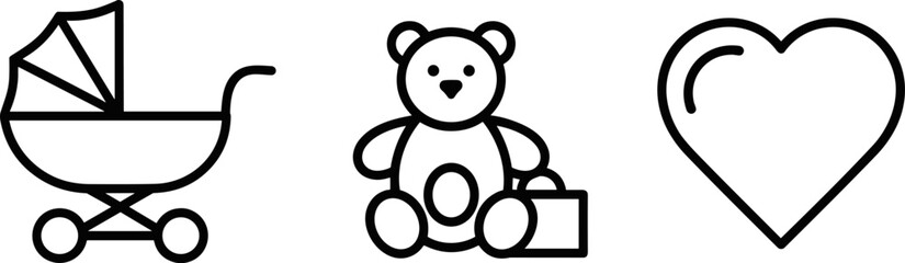 Simple line icons of a baby stroller, teddy bear, and heart on a white background