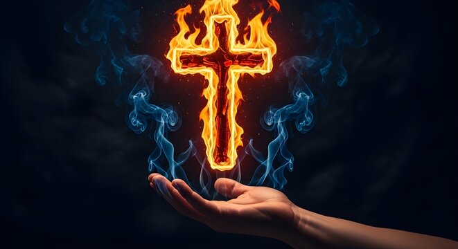 Hand holding fiery cross with blue smoke on dark background