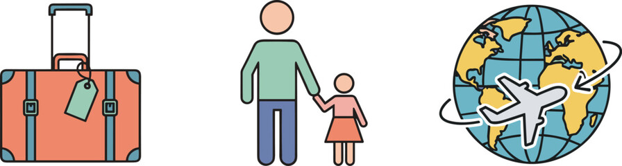 Family travel illustration with suitcase, parent and child, and globe with airplane icons