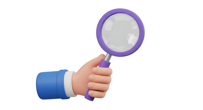 Hand holding purple magnifying glass with blue sleeve 3 D