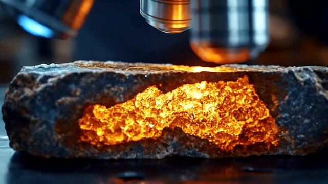 Close-up of a microscope examining a glowing mineral rock sample
