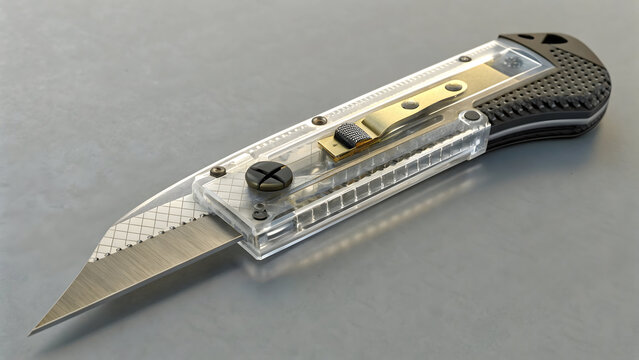 A close-up view of a clear-handled utility knife with a visible blade and internal mechanism