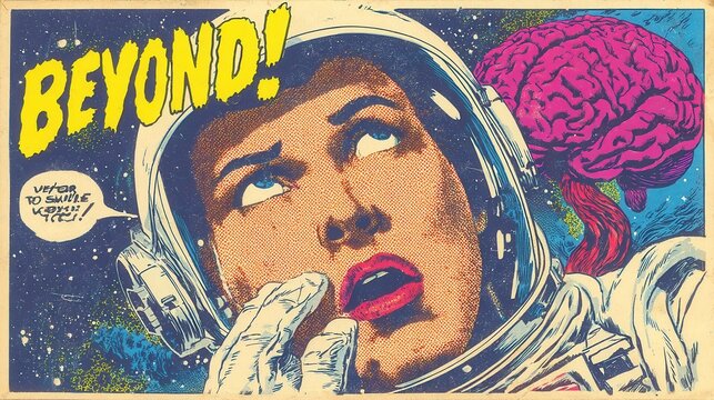 Retro comic art featuring a bewildered astronaut, vibrant colors, space theme, perfect for sci-fi projects or decor.