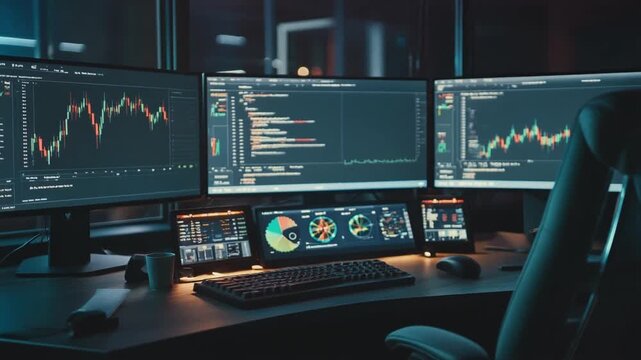 Multiple computer monitors displaying financial data and graphs in a dark office.