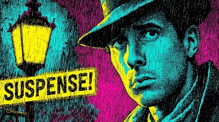 Mysterious detective in neon tones, intense expression, dark hat, suspenseful atmosphere, perfect for thriller themes.