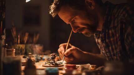 Man meticulously painting a miniature figurine with a fine brush in a dimly lit workshop, focused on his hobby.