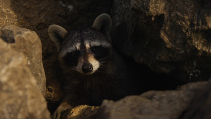A cute raccoon reveals face from rocks © A Beautiful World