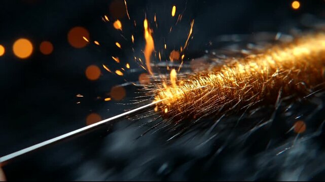 Close-up of a needle threading golden fibers with bokeh