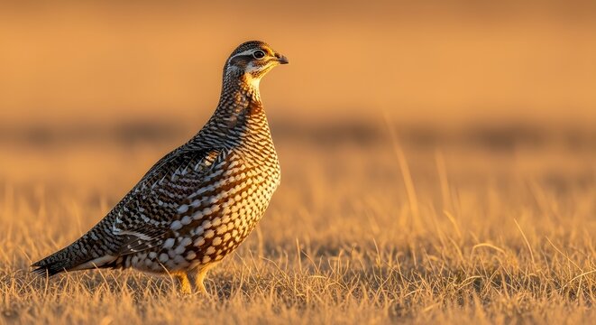 Vibrant quail standing in dry grass field during sunset