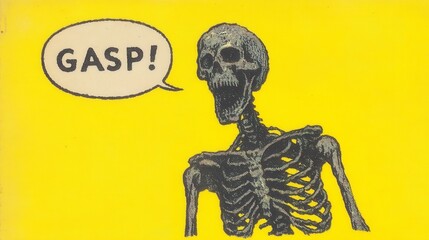 Obraz premium Skeleton character expressing surprise, cartoonish design, vibrant yellow background, humor theme, perfect for fun graphics.