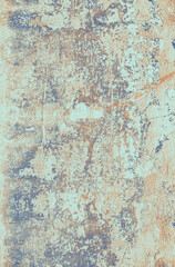 Fototapeta premium Vertical close-up of distressed plaster wall surface with peeling paint, cracks, and mottled grunge texture in pastel blue, beige, and rusty orange, copy space