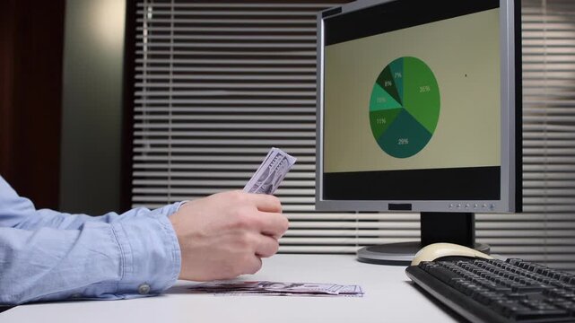 Man in a business setting counting cash while analyzing financial data and pie graph charts on a computer monitor, representing market analysis, success, and wealth management
