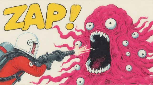 Cartoon character zapping a colorful monster, vibrant comic style with bold text, action-packed scene perfect for storytelling.