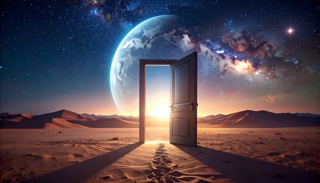 Surreal Open Door in a Vast Desert Landscape Leading to a Night Sky with Large Moon for Opportunity and Portal Concept Illustration