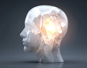 Obraz premium Conceptual Abstract 3D Render of a Translucent Human Head with Glowing Golden Light and Internal Crystalline Structures for Mind Art
