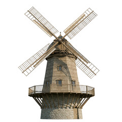 Classic wooden windmill with stone foundation, isolated on transparent background