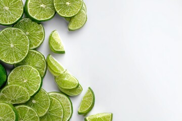 Bright green lime slices scattered against a clean white backdrop