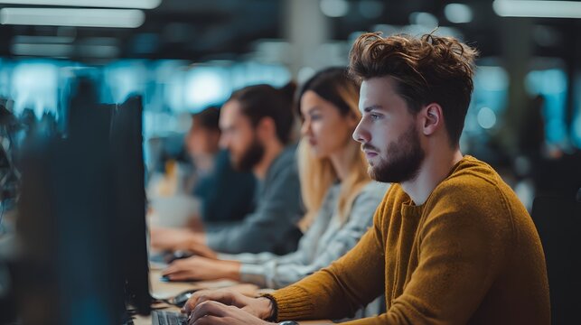 Young professionals focused on computer screens in a modern office environment.