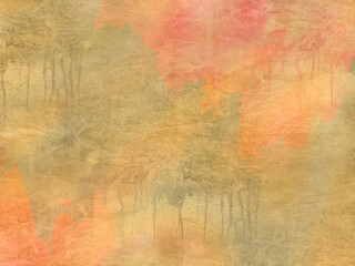 Fototapeta premium An abstract painting featuring soft, blended hues of orange, red, and beige, with faint silhouettes of trees suggesting a forest scene in autumn.