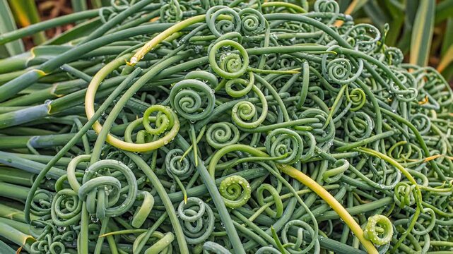 Fresh green coiled garlic scapes with water droplets