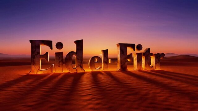 3D Eid elFitr text on desert dunes under dramatic sunset celebrating Islamic holiday