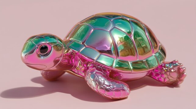 Colorful metallic turtle figurine on pink background. Reflective surface shows playful texture and vibrant colors. Perfect for art lovers and decorative inspiration.