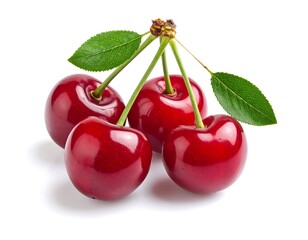 Four vibrant red cherries clustered with green leaves against a bright white background