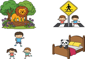Fototapeta premium Cartoon lion kids crossing sign children playing and panda in bed vector illustration collection