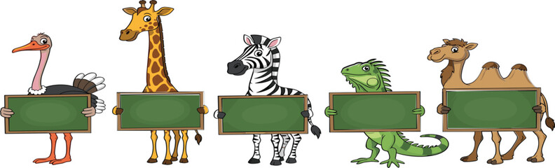Cartoon safari animals holding blank sign boards ostrich giraffe zebra iguana camel vector illustration set © MdMojnu