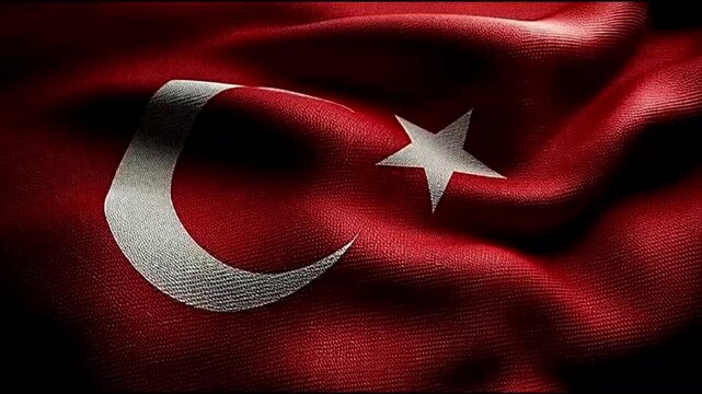 Close-up of the vibrant red and white flag of Turkey, featuring the iconic crescent moon and star symbol, with a textured fabric appearance.