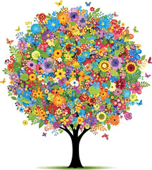 Vibrant Floral Tree Illustration with Colorful Flowers and Butterflies on White Background