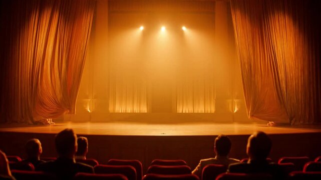 Majestic theater gold curtain opener slowly reveals the stage to the waiting audience ready for showtime