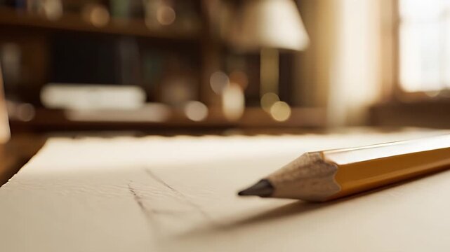 Soft-Focused Pencil on Paper in Cozy Setting - A sharpened pencil rests on a piece of paper in a softly lit room, creating a warm and inviting atmosphere.