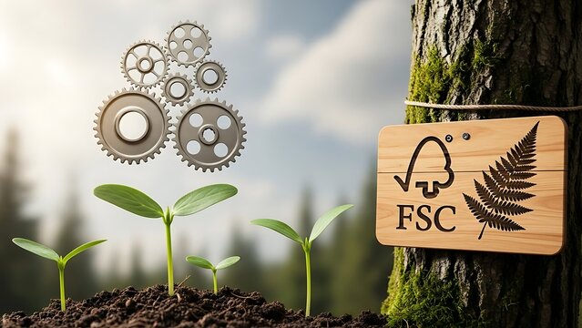 Sprouting seedlings near FSC certified tree with industrial gears in forest environment