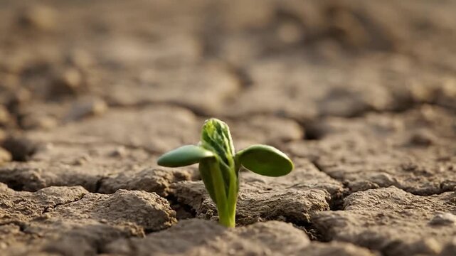 A tiny green plant sprout pushing through dry, cracked soil under natural light, symbolizing new life and resilience.