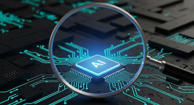 Magnifying glass over AI chip, showcasing digital circuitry in teal on black background