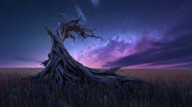Dramatic withered tree silhouette against vibrant night sky and landscape