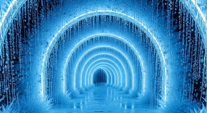 Icetunnelwithglowingbluelightsandwaterdropletsinside
