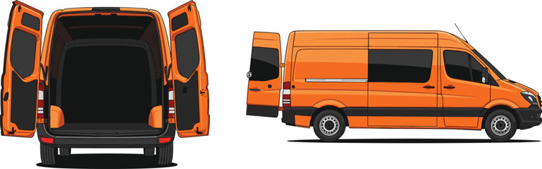 Orange cargo van rear side views with open doors, delivery transport vehicle, commercial flat vector illustration © Yeasin