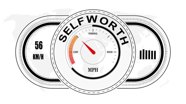 Universal level meter indicator with SELFWORTH text Animation.Gauge scale meter status performance 4K motion background.System status risk health emotion performance gauge icon.