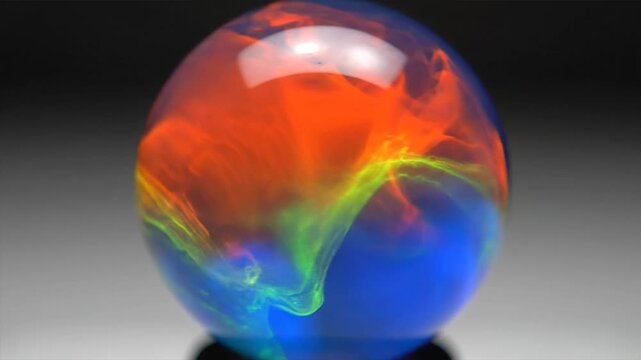 A crystal ball in a glass sphere displays a 3d world map reflection with blue water oceans and white clouds floating over earth's continents in a global environment concept