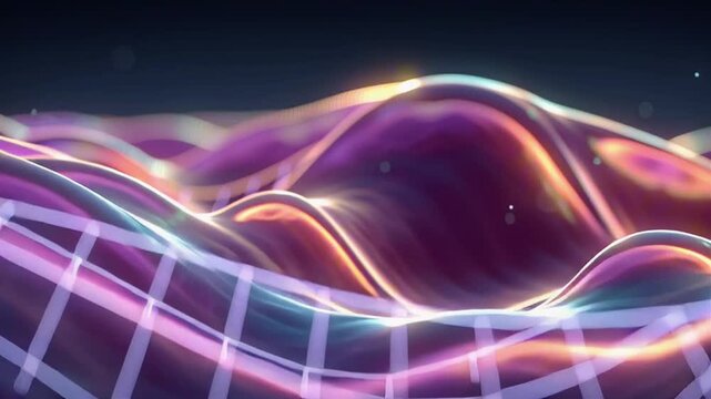 Futuristic neon holographic wavy surface, metallic silk texture iridescent foil reflections, deep purple base glowing pink electric blue highlights geometric grid glowing beneath surface plasma energy
