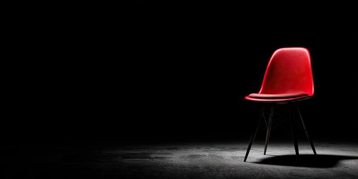 Bright red chair under a single spotlight against a deep black background