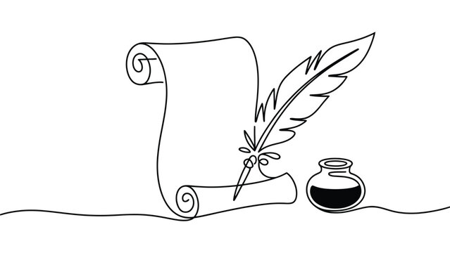 Continuous line drawing of vintage parchment scroll with feather quill and ink bottle, classic writing literature concept illustration