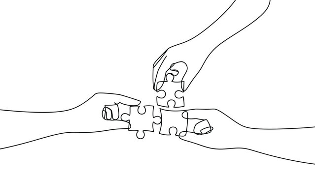 Continuous line drawing of hands connecting puzzle pieces, teamwork partnership unity collaboration and problem solving concept illustration